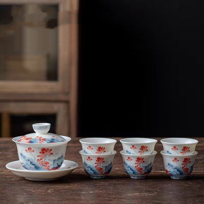 Jingdezhen Ceramic Gaiwan Mutton Jade Porcelain Tureen Matching Tea Cup Pitcher
