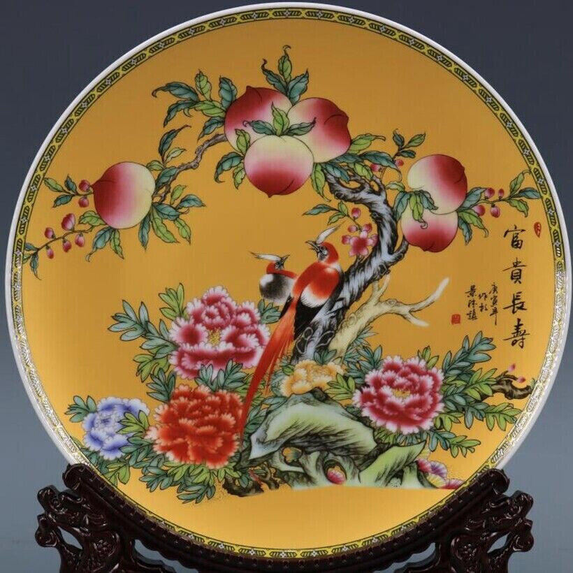 Exquisite Old Chinese porcelain color Hand Painted Peach bird plate