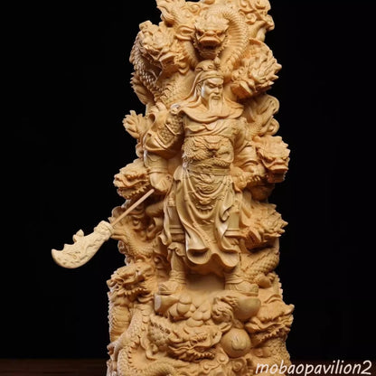 8" New Cypress Wood Carved Guan Yu Guan Gong Warrior Dragon Statue Figurine