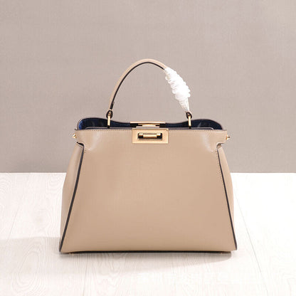 Real Leather Trapezoid Twist-Lock Tote Shoulder Bag Purse Crossbody Top Handle