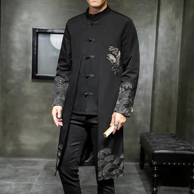 Coat Men Cardigan Coat Male Long Chinese Style Black Loose Linen Jacket