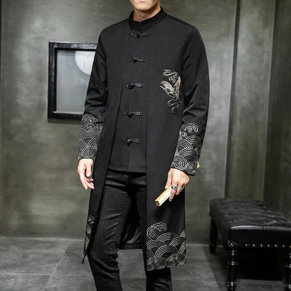 Coat Men Cardigan Coat Male Long Chinese Style Black Loose Linen Jacket