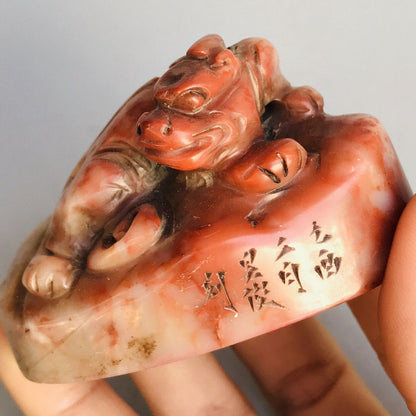 Old Chinese Shoushan Stone Hand Carved Exquisite Animal Seal Statue Signet Rare