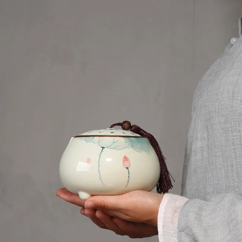 Hand Painted Lotus Ceramic Tea Jar Traditional Chinese Tea Storage Tins