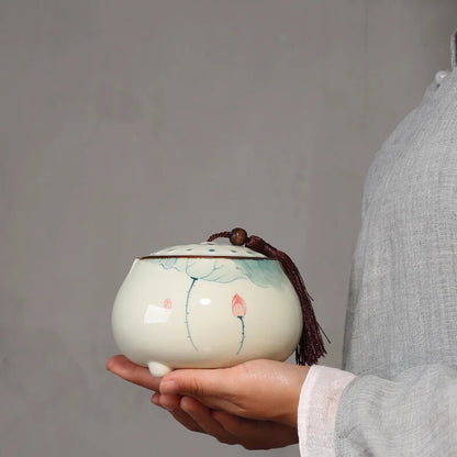 Hand Painted Lotus Ceramic Tea Jar Traditional Chinese Tea Storage Tins