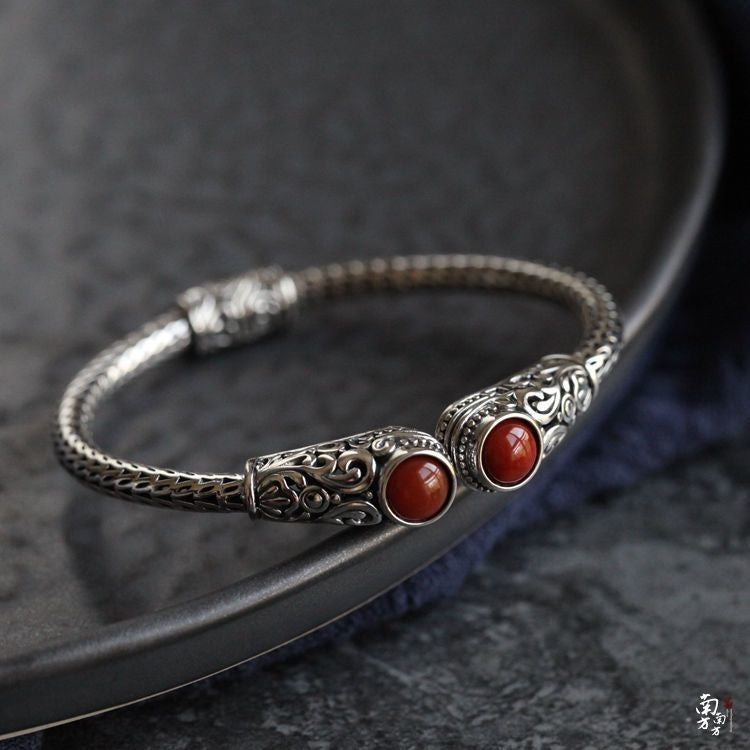 Vintage Carved Bangle Red Agate Inlay Handmade Aged Silver Jewelry