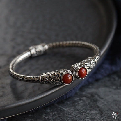 Vintage Carved Bangle Red Agate Inlay Handmade Aged Silver Jewelry