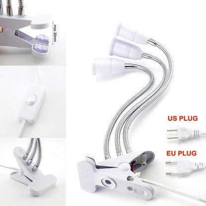 Desk Light Clip On E27 Socket 3 Head Flexible Off Switch Lamp Holder LED Plant