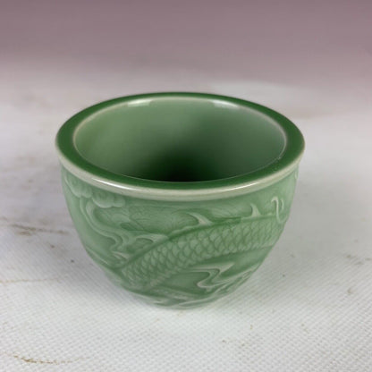 3.0" Chinese Qing Green Glaze Porcelain Relief Dragon & Cloud Design Teacup Cup