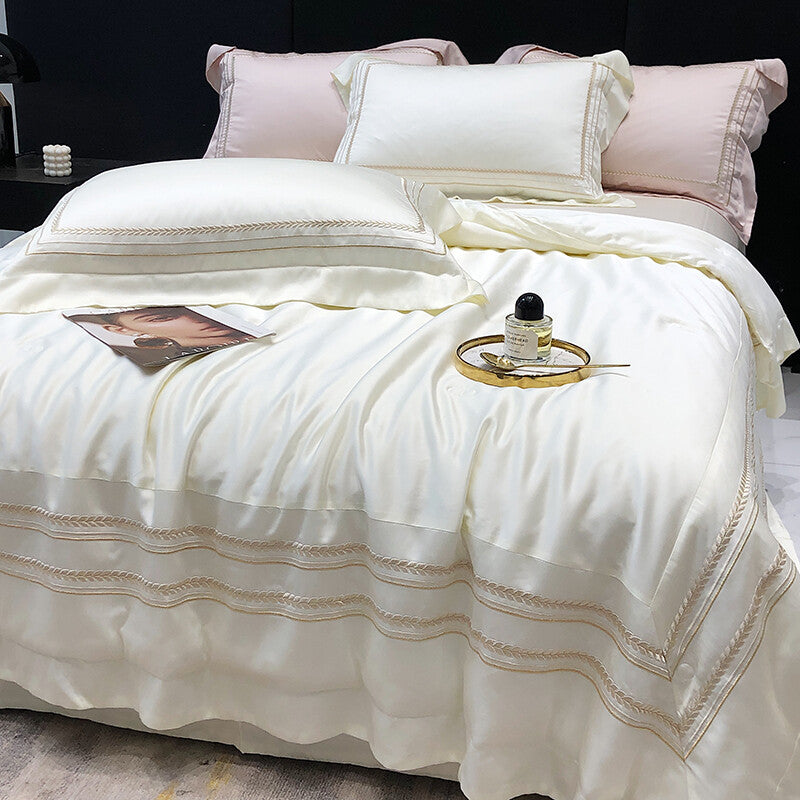 Bedding Set 4pcs Silk Cotton Embroidery Duvet Cover Flat Sheet 2 Pillowcases