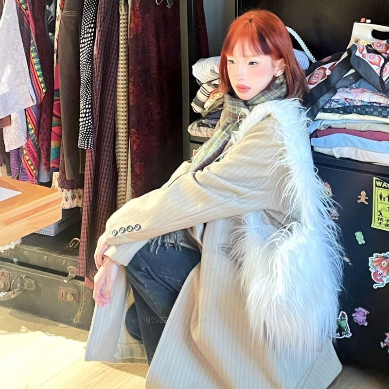 Plush Bag Velvet Feather Shoulder Bag White Versatile Portable Handbags Tote Bag
