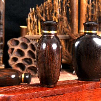African Ebony Snuff Bottle 6.5cm Agate Inlaid Inside Painted Wooden Hand Piece