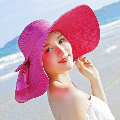 Outdoor Seaside Woman Fashion Big Bow Large Brimmed Cap Foldable Straw Hat