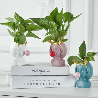 Resin Vase Cute Girl Bubble Gum Figurine Decorative Plant Flower Pot Modern Home