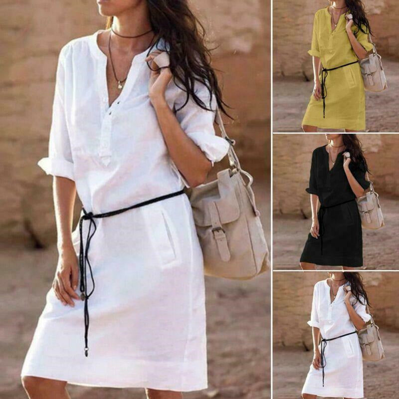 Sexy Lady Button Long Tops Tunic Linen Boho Ladies Casual Beach Shirt Dress New