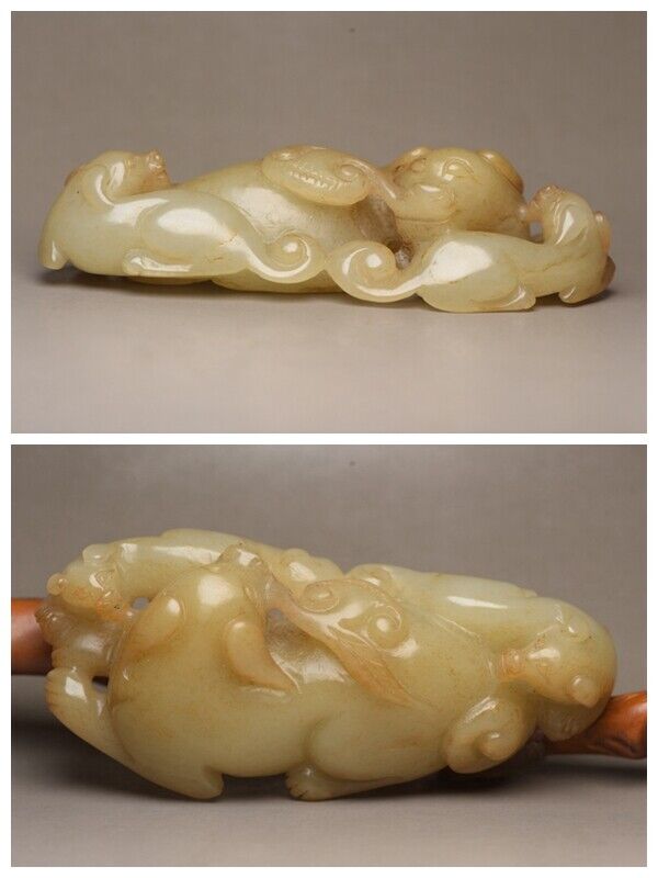 Chinese Natural Hotan Jade Carving Exquisite Dog 旺财 Statue Figurines Collection