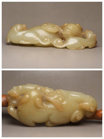 Chinese Natural Hotan Jade Carving Exquisite Dog 旺财 Statue Figurines Collection