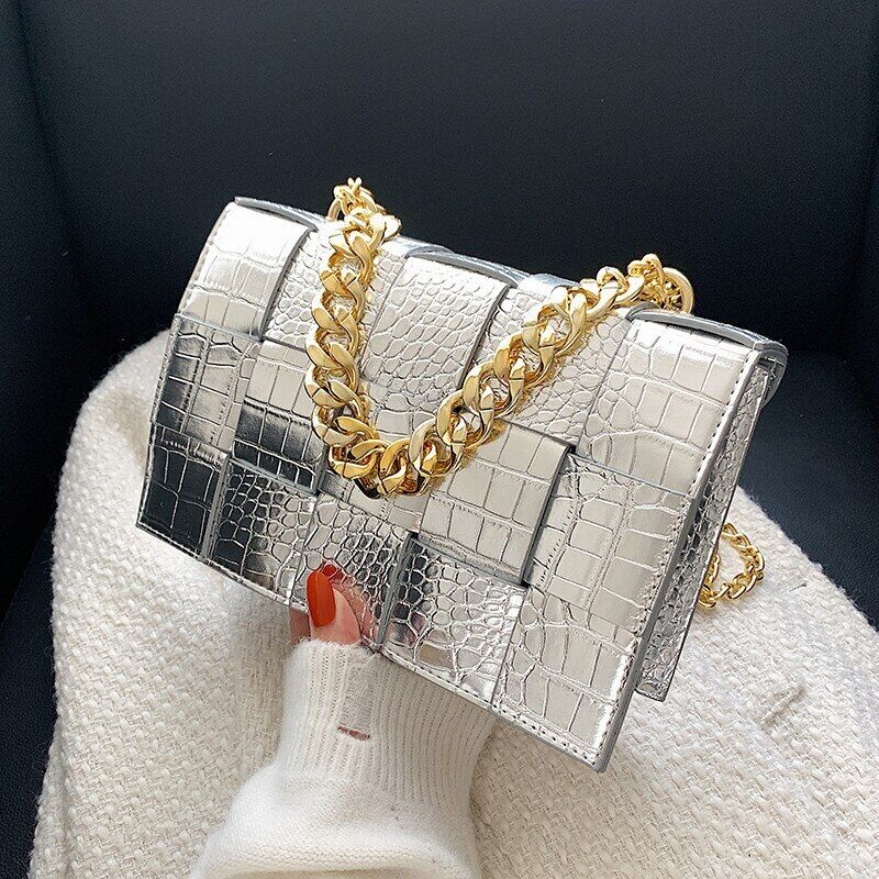 Pattern Pu Leather Bag Women Gold Chain Woven Square Bag Evening Party Clutch