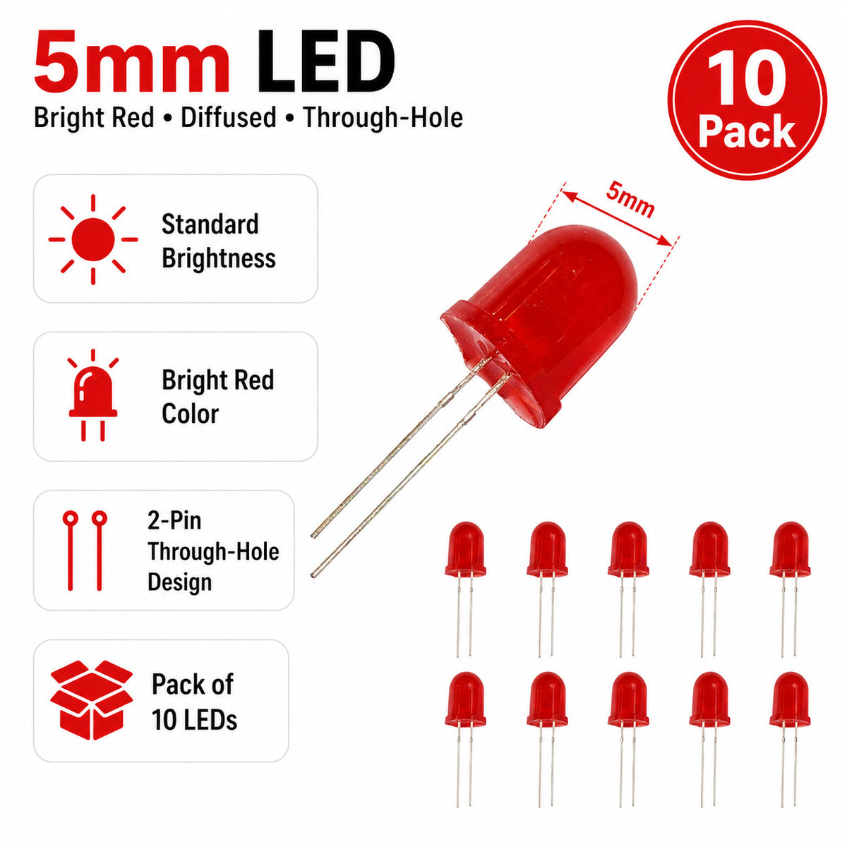 10mm Jumbo Red Diffused LED, 2-Pin Round, 1.8-2.2V 20mA - 100 Pack
