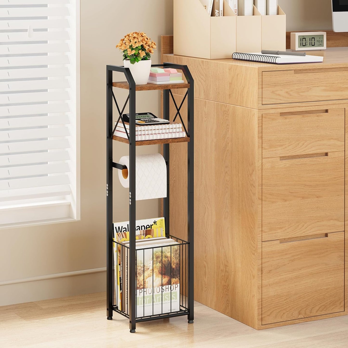 Freestanding Toilet Paper Holder - 4-Tier Bathroom Tissue Organizer with Wood Sh