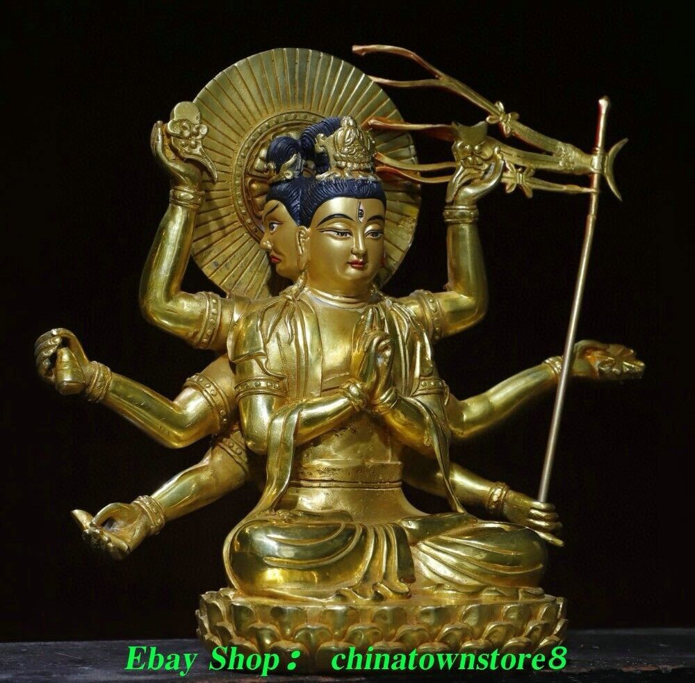 10.6'' Old Nepal Pure Bronze Gilt Painting 3 Head 8 Arm Namgyalma Buddha Statue