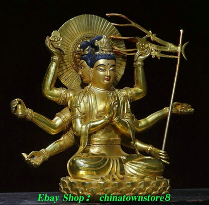 10.6'' Old Nepal Pure Bronze Gilt Painting 3 Head 8 Arm Namgyalma Buddha Statue