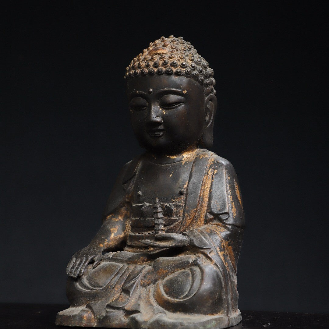 8" Old Antique Tibet Tibetan Buddhism Temple Bronze Gilt Medicine Buddha Statue