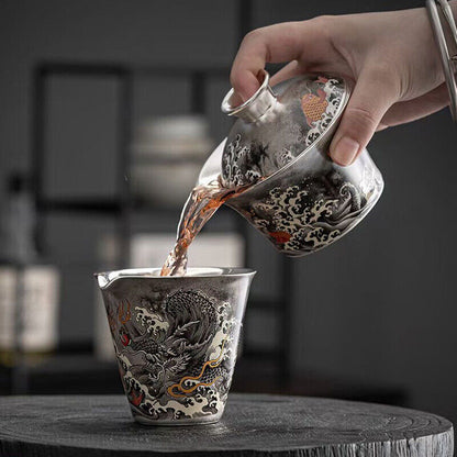 Chinese Tea Set Dragon Design Pure Silver + Porcelain Gaiwan Pitcher Tea Cup Mat