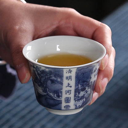 Blue-and-white Porcelain Tea Set Riverside Scene At Qingming Festival Gaiwan Cup
