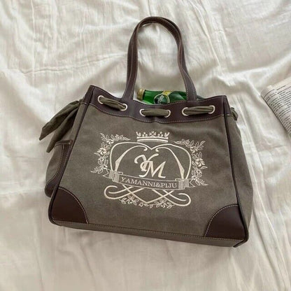 New Trendy Vintage Shoulder Bag For Women Embroidery Letters Heart Canvas Gift