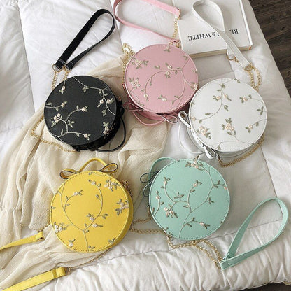 Small Flower Print Chain Shoulder Bag Lace Round Handbags Leather Crossbody Bags