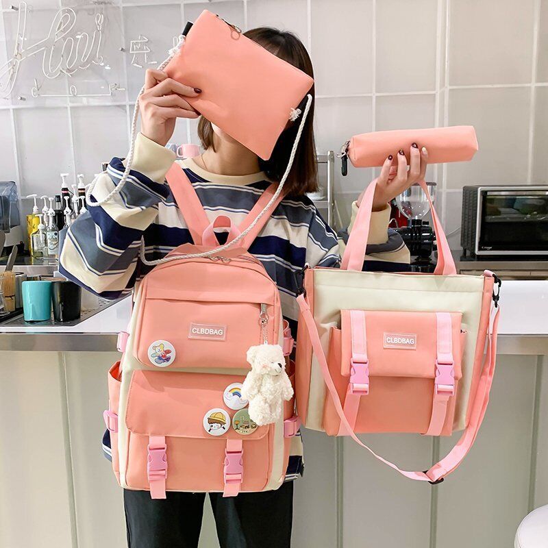 4 Pcs Set Women Backpack Laptop School Bags College Student Book Bag Rucksack