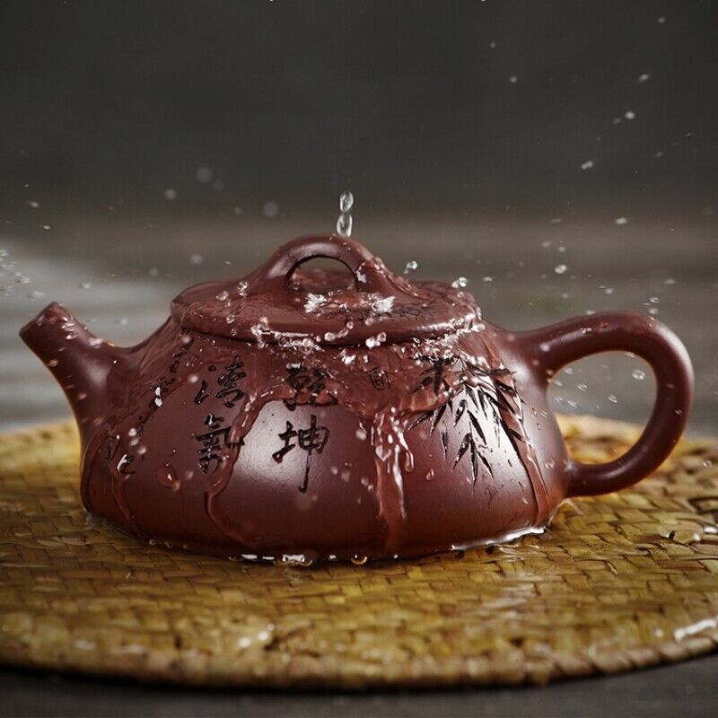 Full Handmade Tea Pot Old Purple Clay Shipiao Pot Marked 9 Infuser Holes Carved