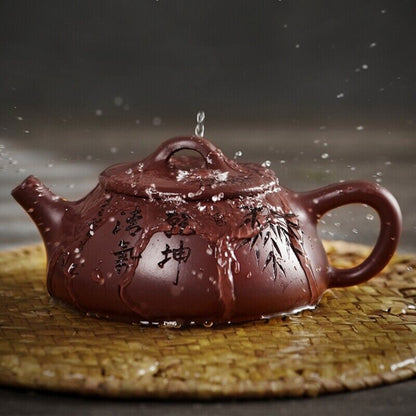 Full Handmade Tea Pot Old Purple Clay Shipiao Pot Marked 9 Infuser Holes Carved