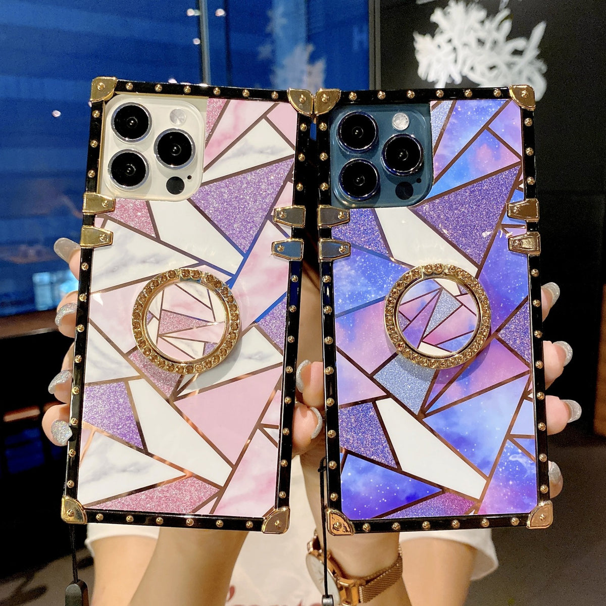 Electroplated spliced glitter soft case with crossbody strap for iPhone 17Pro/16
