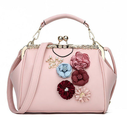 Vintage Flowers Two Straps Shell Lock Bag Synthetic Leather Tote Handbag Purses
