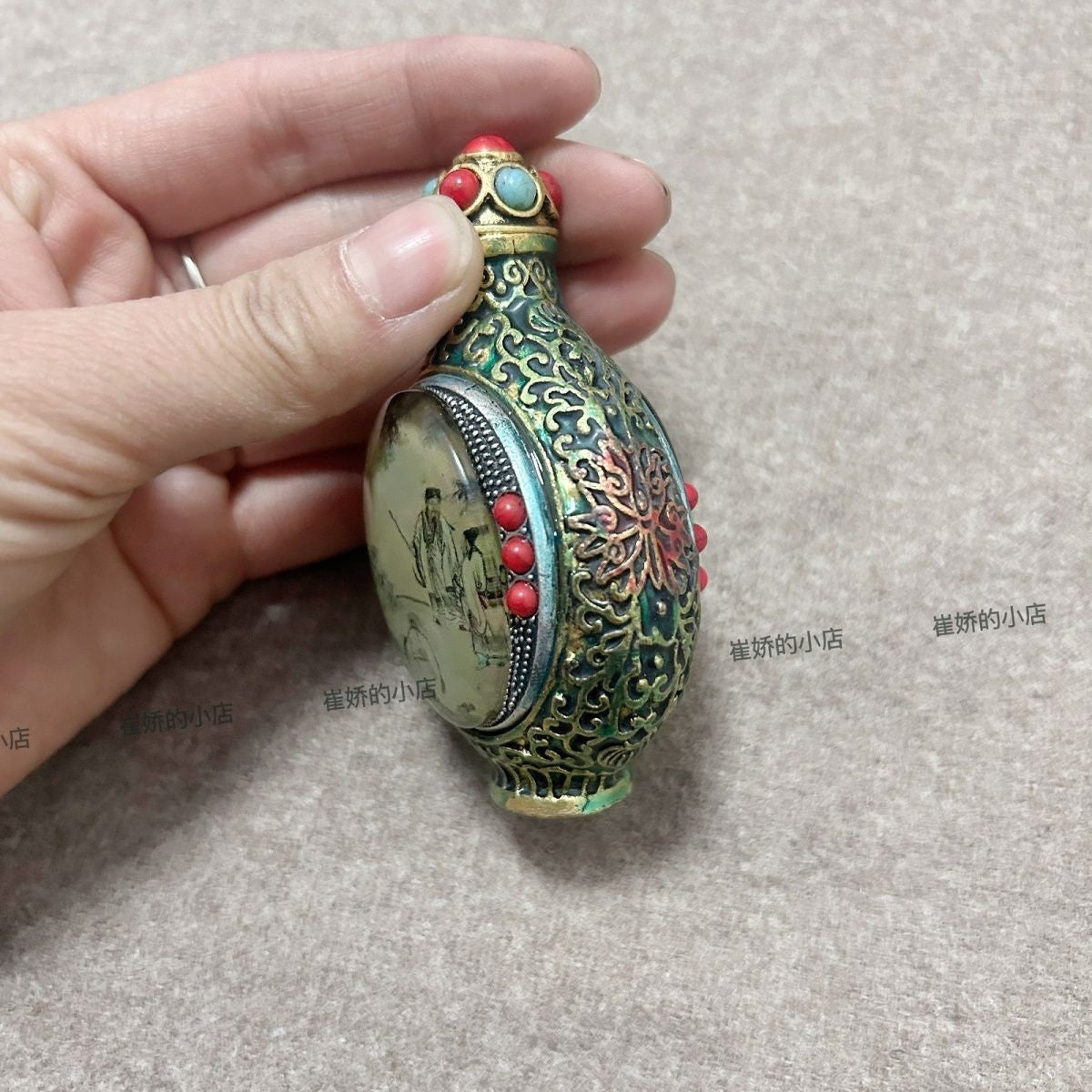 Antique Brass Snuff Bottle Tibetan Inside Painted Double-Sided Snuff Bottle