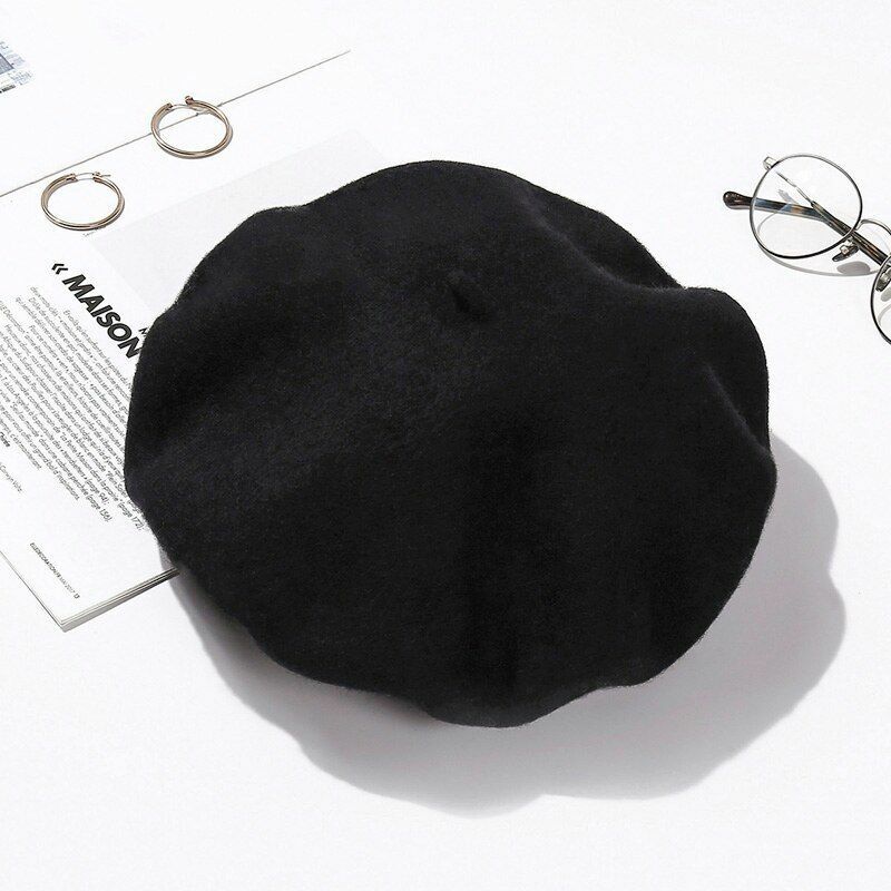 Wool Beret Hats Women Pure Felt British Style Solid Color Slouchy Winter Female