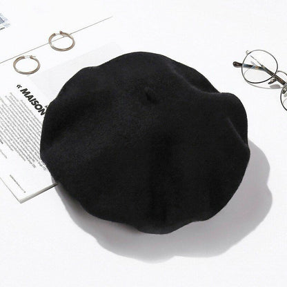 Wool Beret Hats Women Pure Felt British Style Solid Color Slouchy Winter Female