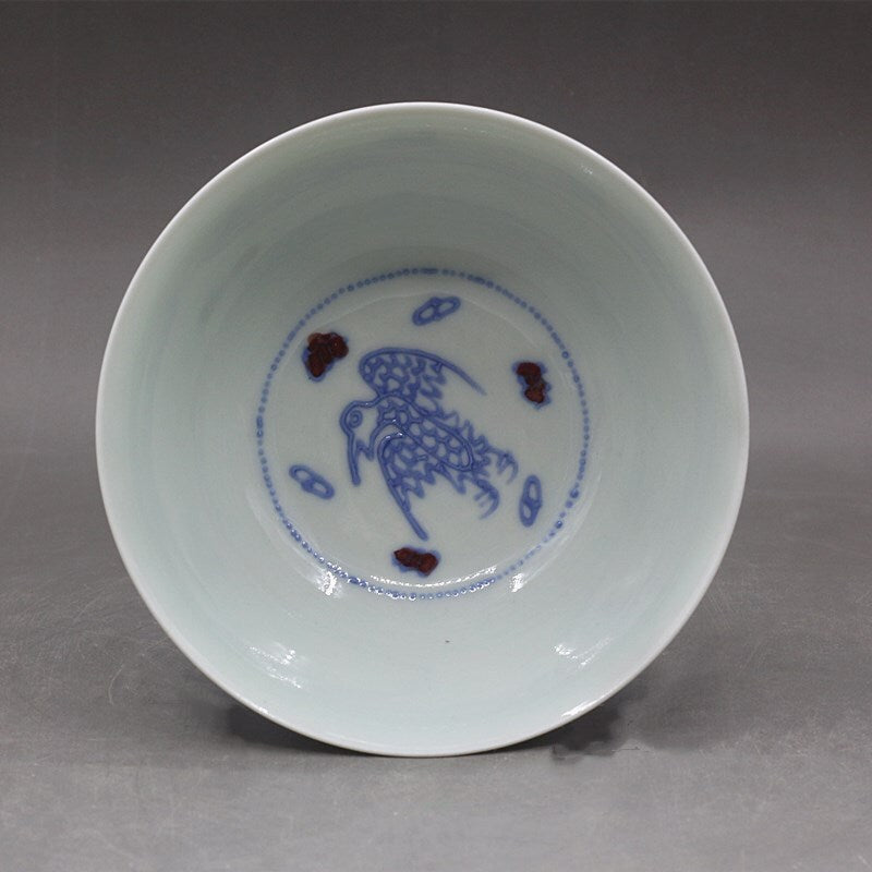 4.7" Chinese Ming Blue White Porcelain Red Glaze Animal Dragon Phoenix Cup