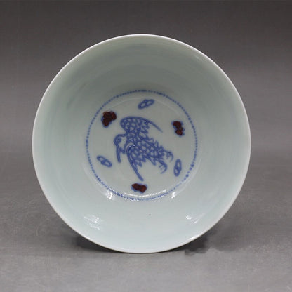 4.7" Chinese Ming Blue White Porcelain Red Glaze Animal Dragon Phoenix Cup