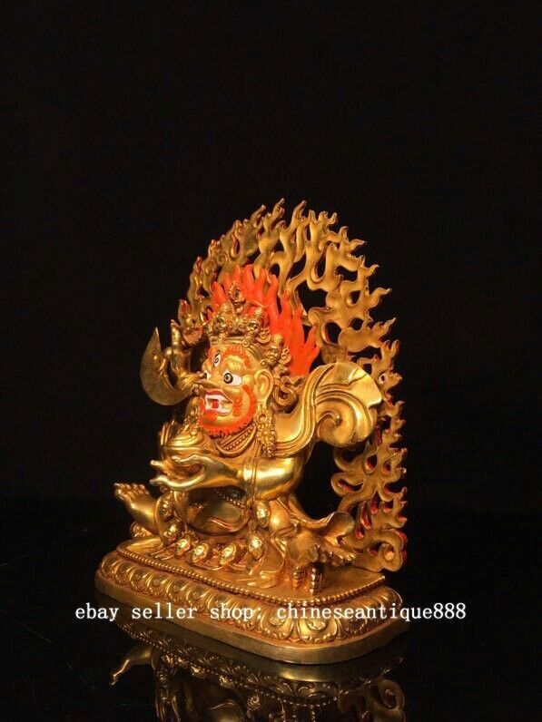 9''Old Nepal Buddhism Copper Gilt Painting Mahakala Wrathful Deity Buddha Statue
