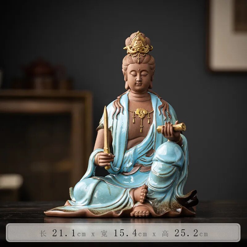 25cm Ceramic porcelain Manjusri Samantabhadra Bodhisattva buddha statue Kwan-yin
