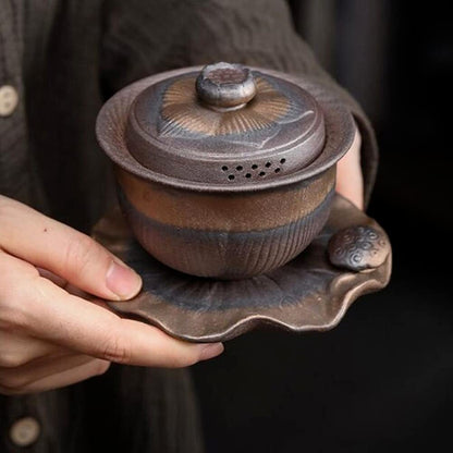 4.6" Chinese Retro Coarse Pottery Gaiwan Tea Cup Handmade Tureen Tea Bowl TeaSet