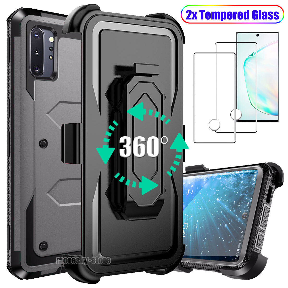 For Samsung Galaxy Note10+ Case Clip Belt Stand Cover / Tempered Glass Protector