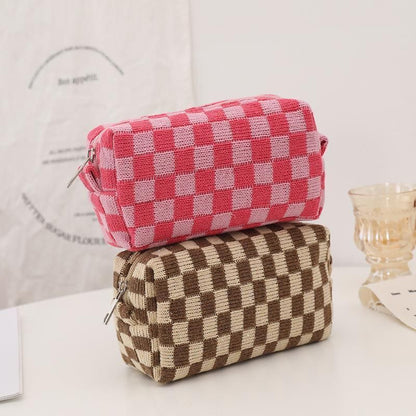Checkerboard Knitted Cosmetic Bag Large Lattice Makeup Plaid Storage Organizer
