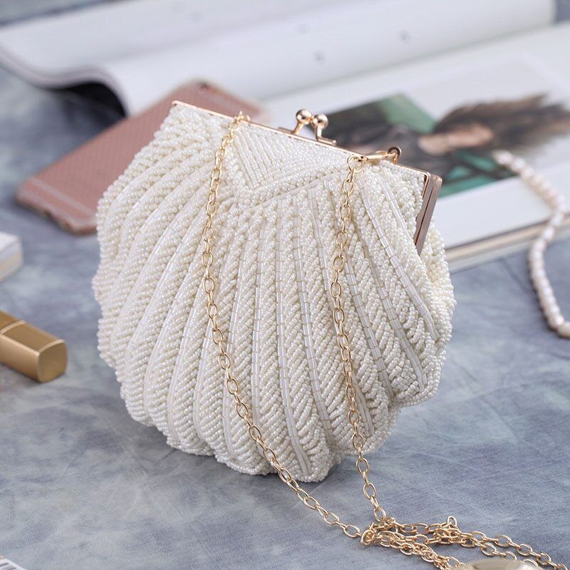 Women Wedding Handbag Evening Party Bags Clutches White Shell Beaded Clutch Bag