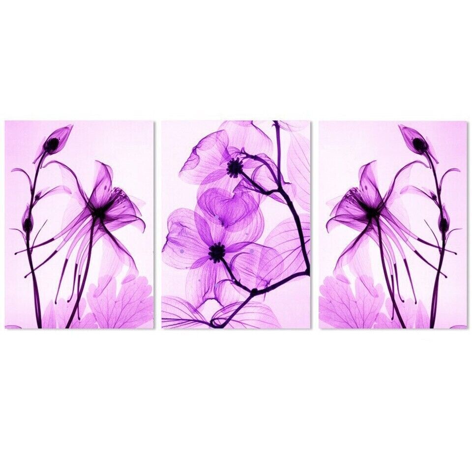 Abstract Purple Flowers 3 Pieces Canvas Print Wall Art Poster Home Decor