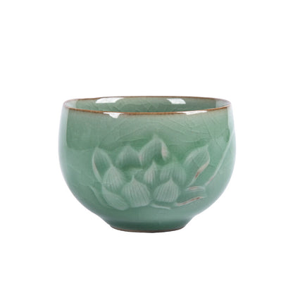 Creative Tea Cup Longquan Celadon Crackle Glaze Porcelain Cup Peony Relief Cups