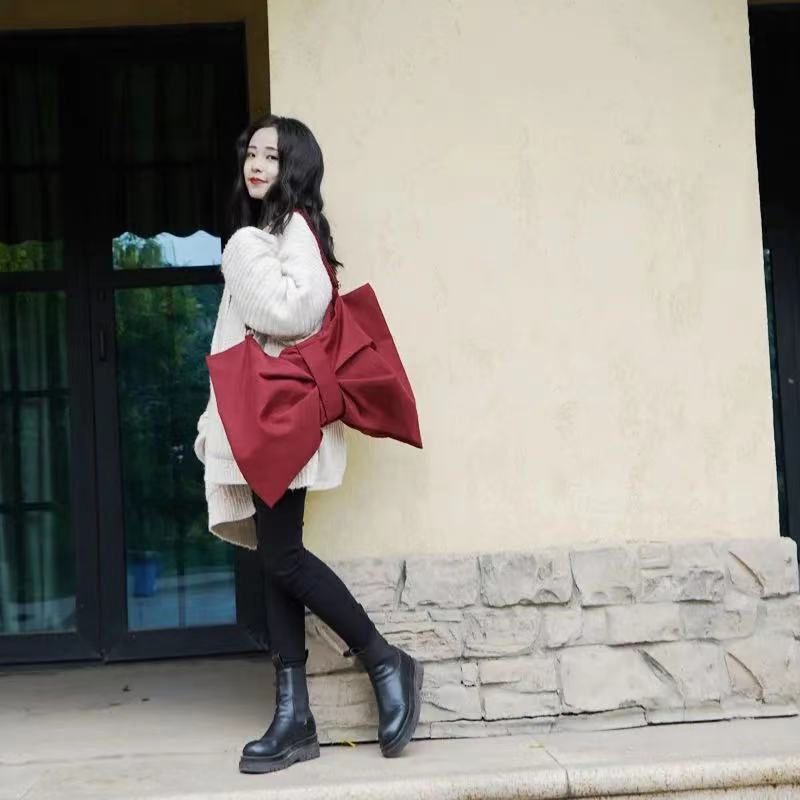 Bow Canvas Handbags Big Shoulder Crossbody Bag Travel Messenger Black Red Clutch